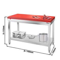 Edelstahl Arbeitstisch PREMIUM - 1400x700mm - mit Grundboden ohne Aufkantung inkl. Schneideplatte