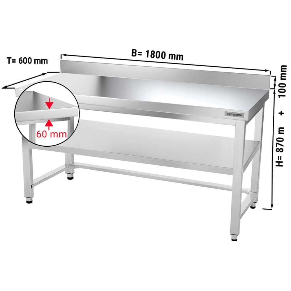 Edelstahl Arbeitstisch PREMIUM - 1800x600mm - mit Grundboden, Aufkantung & Verstrebung