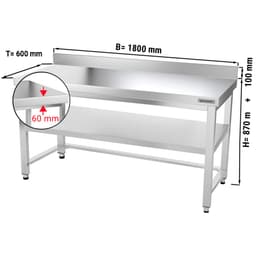 Edelstahl Arbeitstisch PREMIUM - 1800x600mm - mit Grundboden, Aufkantung & Verstrebung