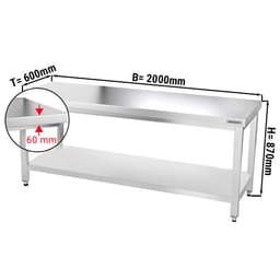 Edelstahl Arbeitstisch PREMIUM - 2000x600mm - mit Grundboden ohne Aufkantung