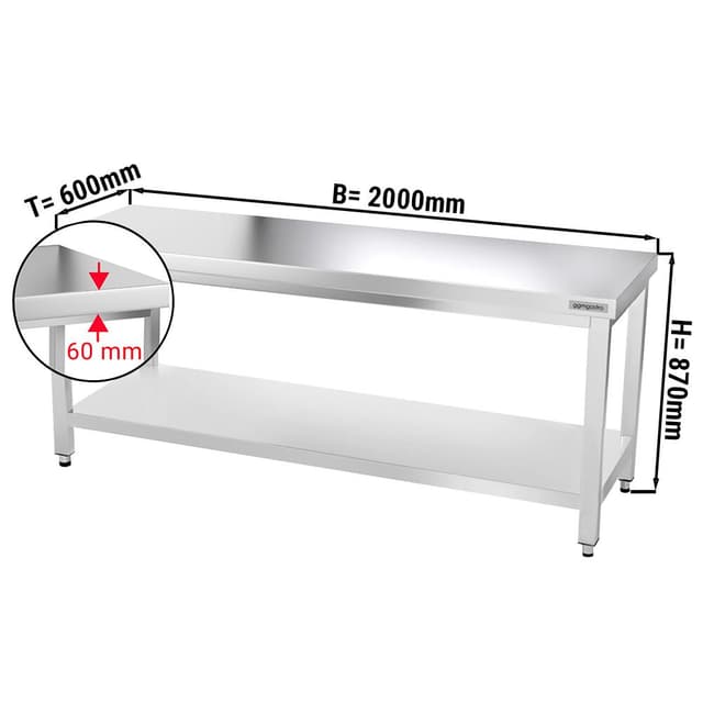 Edelstahl Arbeitstisch PREMIUM - 2000x600mm - mit Grundboden ohne Aufkantung