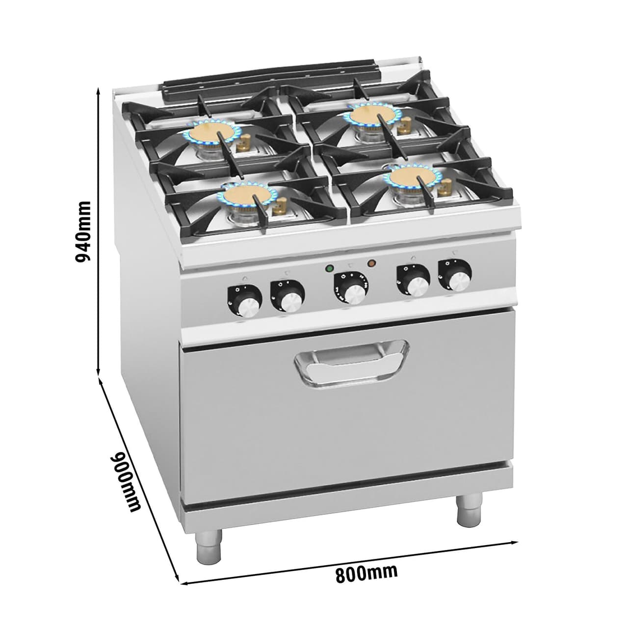 Gasherd - mit 4 Brennern - 40 kW - inkl. Elektrobackofen - 4,68 kW - Hochleistungsmodell