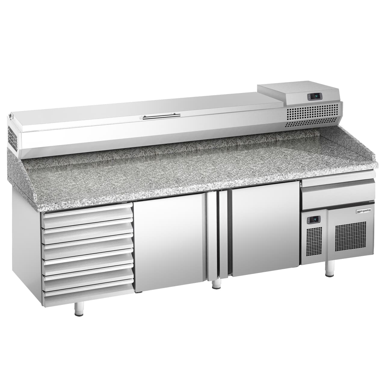 Pizzakühltisch Premium PLUS - 2305x800mm - mit 2 Türen & 6 Schubladen - inkl. Kühlaufsatzvitrine - 11x GN 1/4