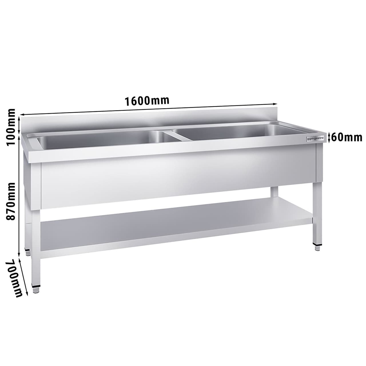 Topfspültisch Premium - 1600x700mm - mit Grundboden & 2 Becken