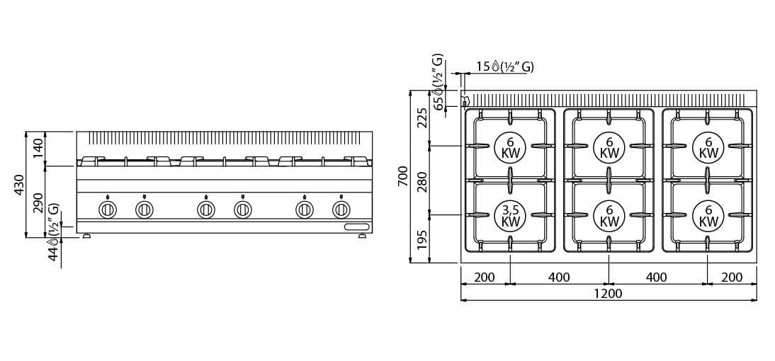 Gasherd - 36 kW - 6 Brenner - inkl. Unterbau mit 3 Türen