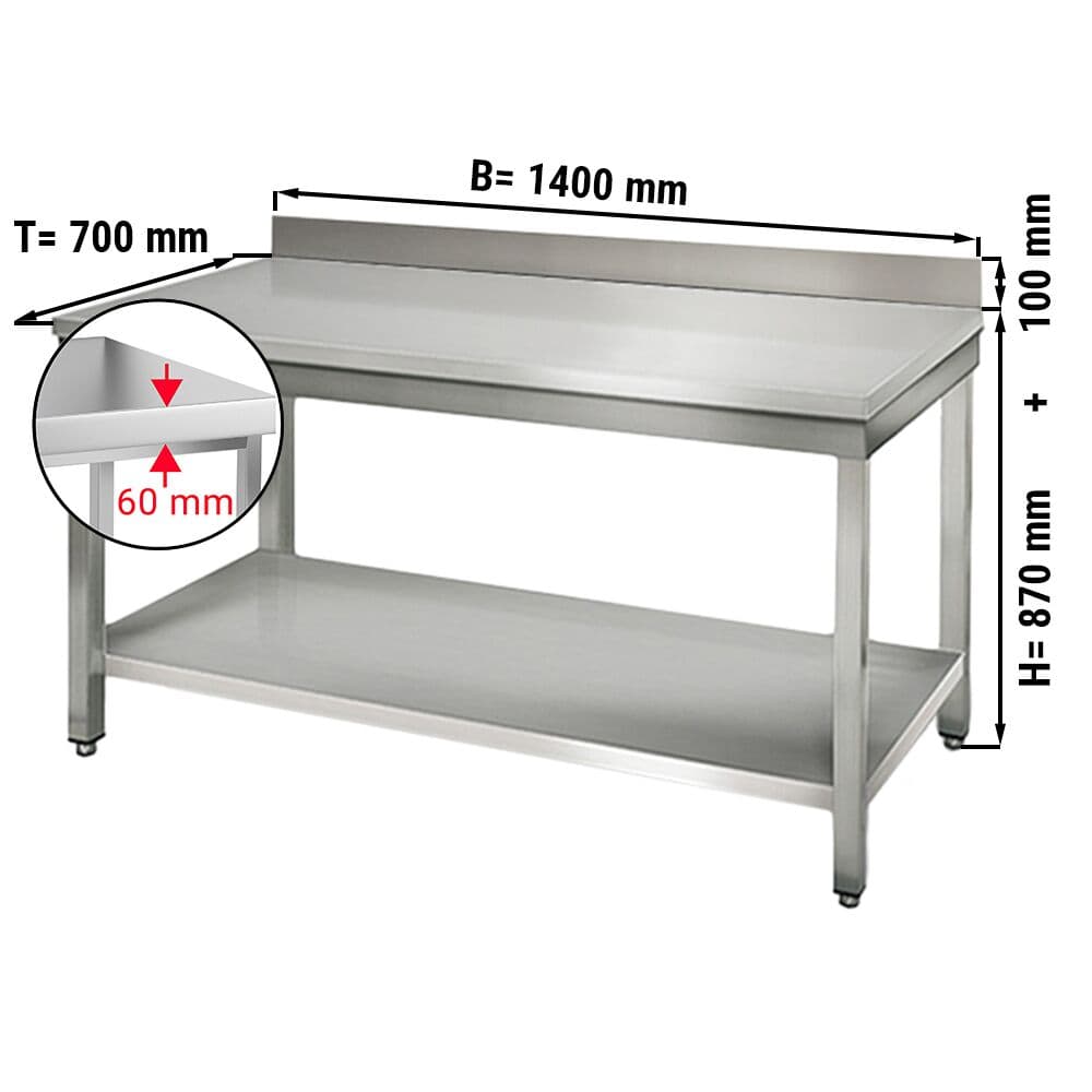 Edelstahl Arbeitstisch ECO - 1400x700mm - mit Grundboden & Aufkantung