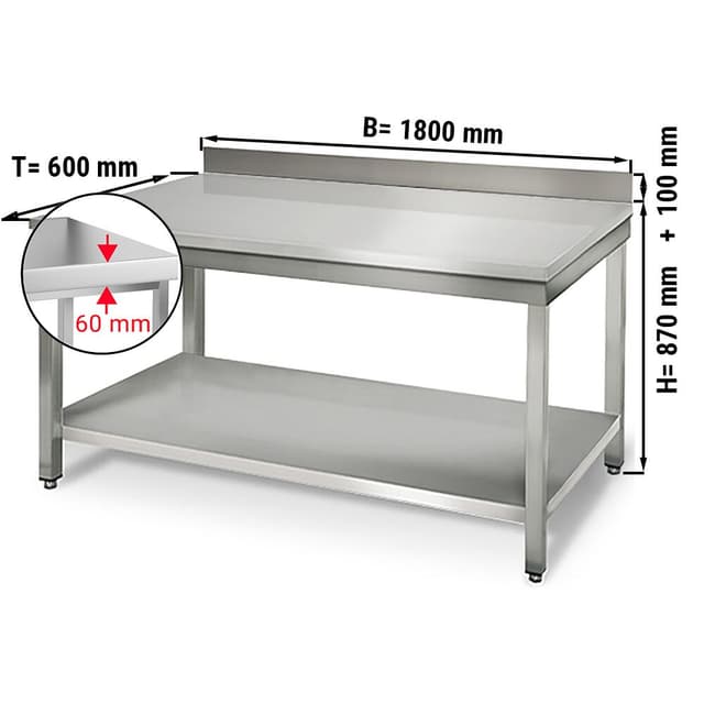 Edelstahl Arbeitstisch ECO - 1800x600mm - mit Grundboden & Aufkantung