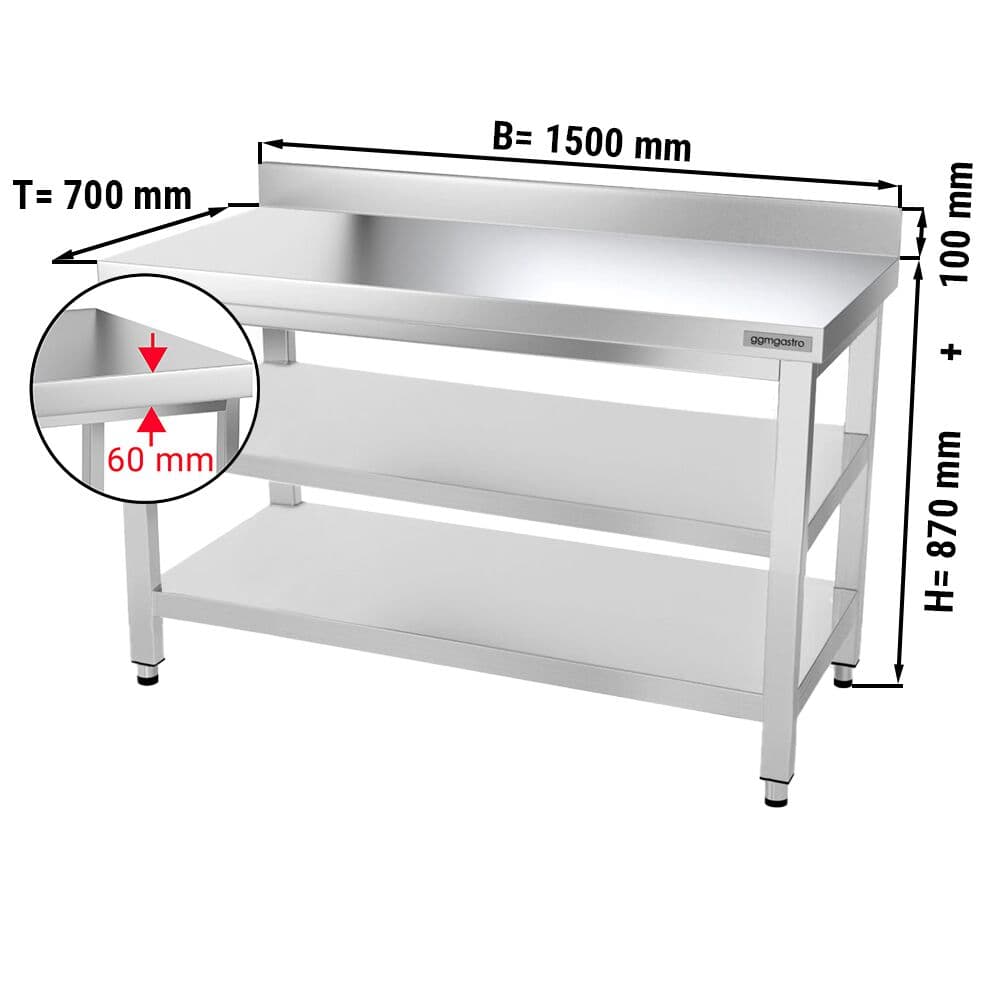 Edelstahl Arbeitstisch PREMIUM - 1500x700mm - mit Grundboden, Aufkantung & Zwischenboden