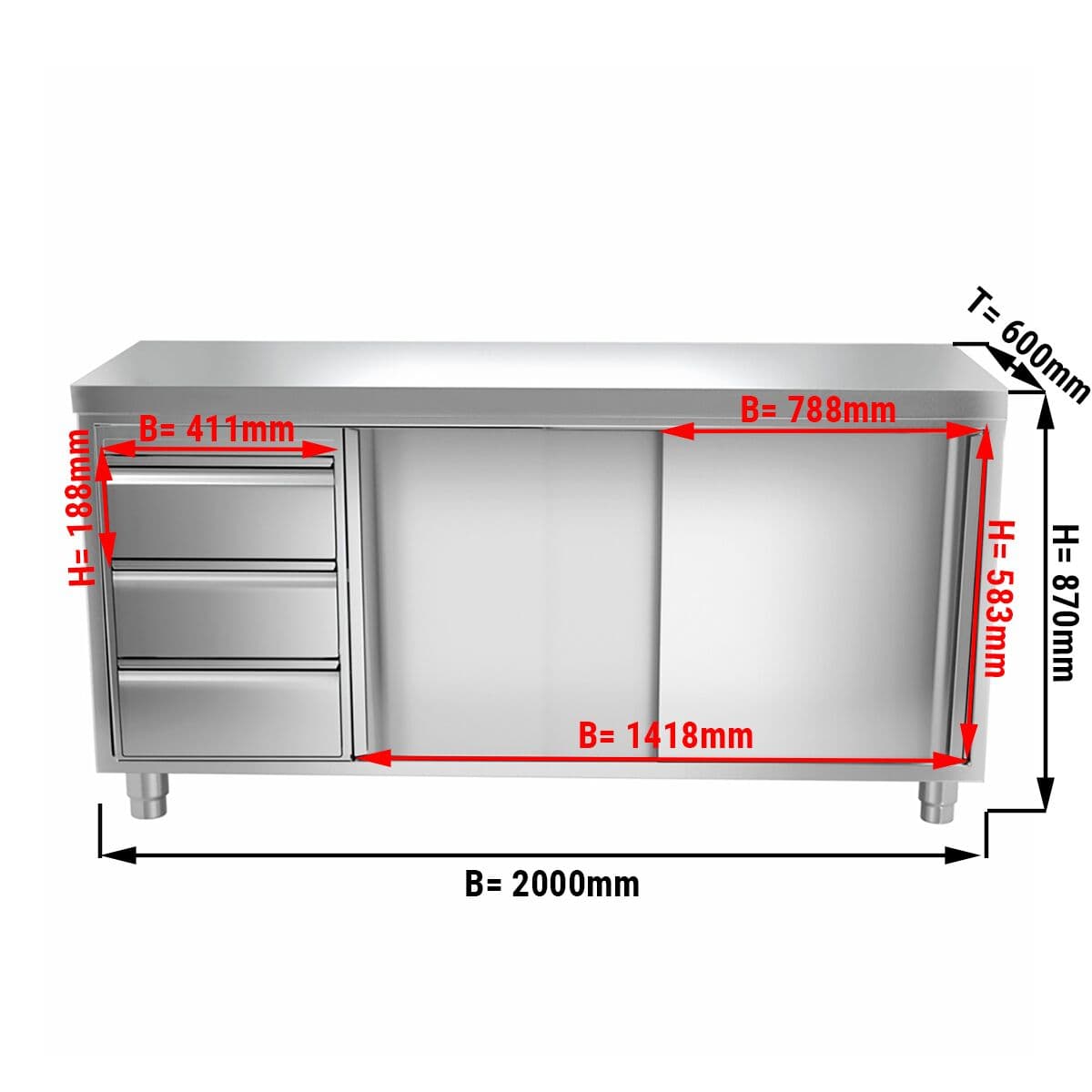 Edelstahl Arbeitsschrank PREMIUM - 2000x600mm - mit 3 Schubladen links ohne Aufkantung