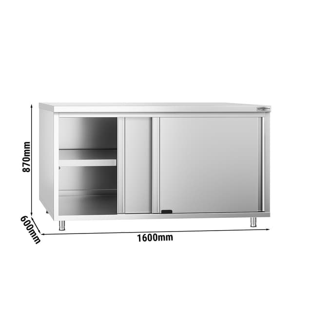 Edelstahl Arbeitsschrank PREMIUM - 1600x600mm - mit Schiebetür ohne Aufkantung