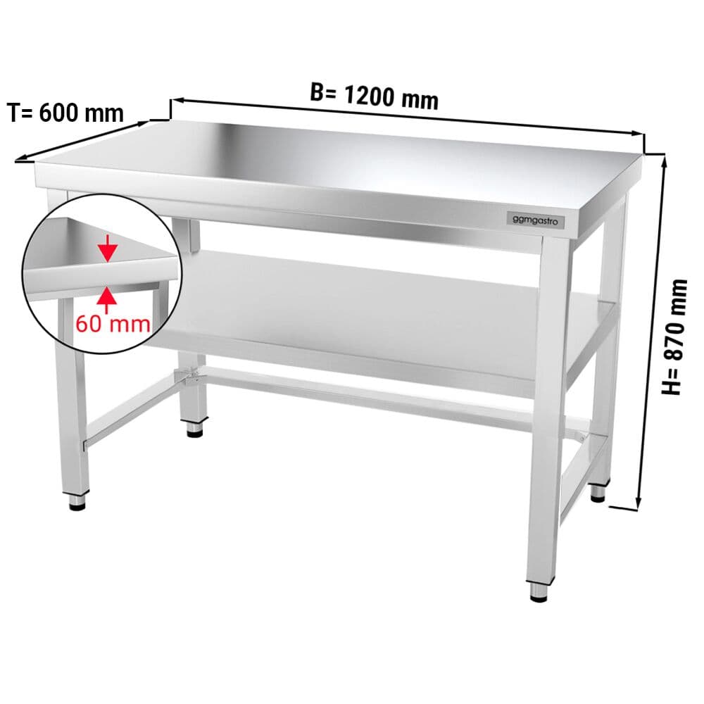 Edelstahl Arbeitstisch PREMIUM - 1200x600mm - mit Grundboden & Verstrebung