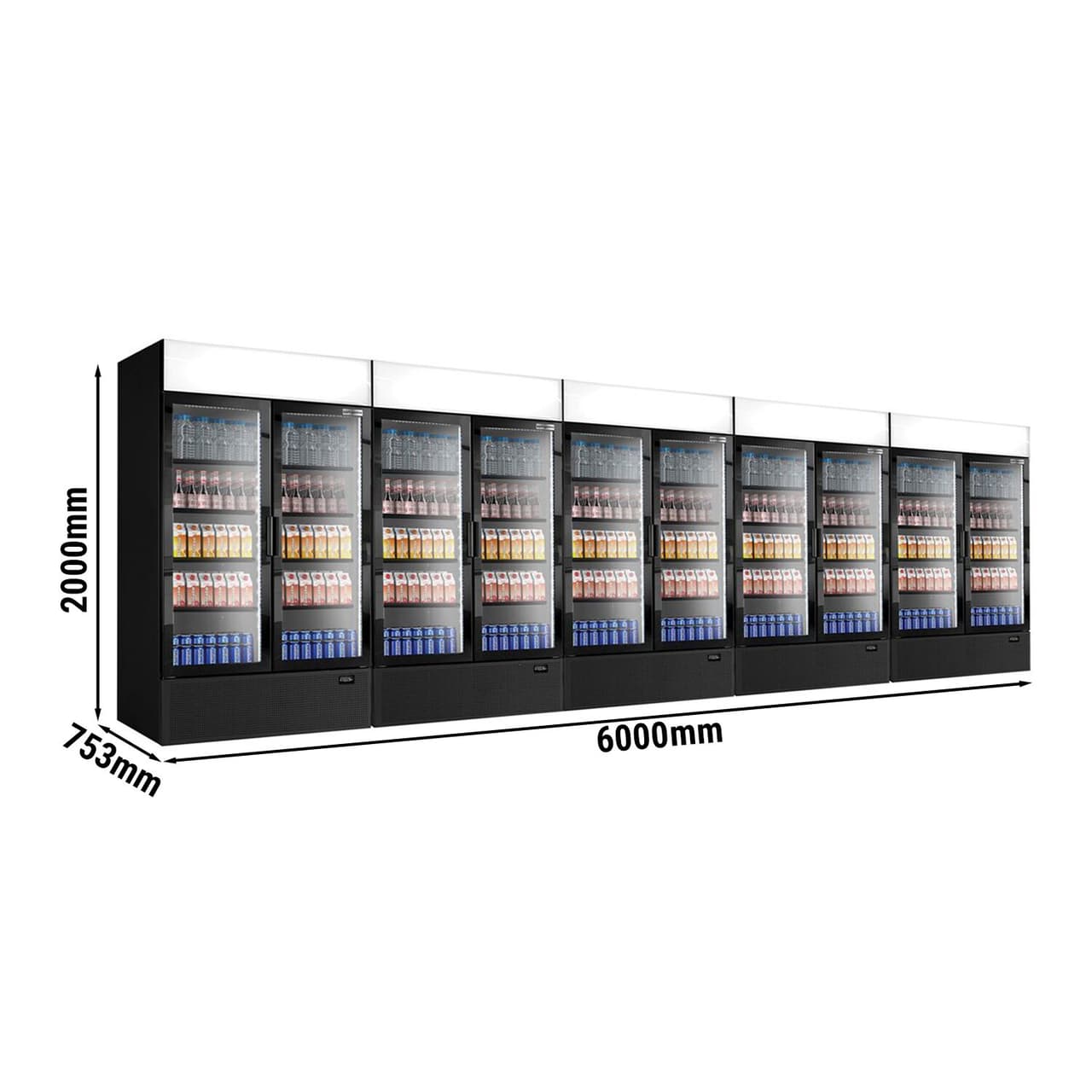 (5 Stück) Getränkekühlschrank - 6000 Liter - rahmenloses Design - mit 10 Glastüren & Werbedisplay