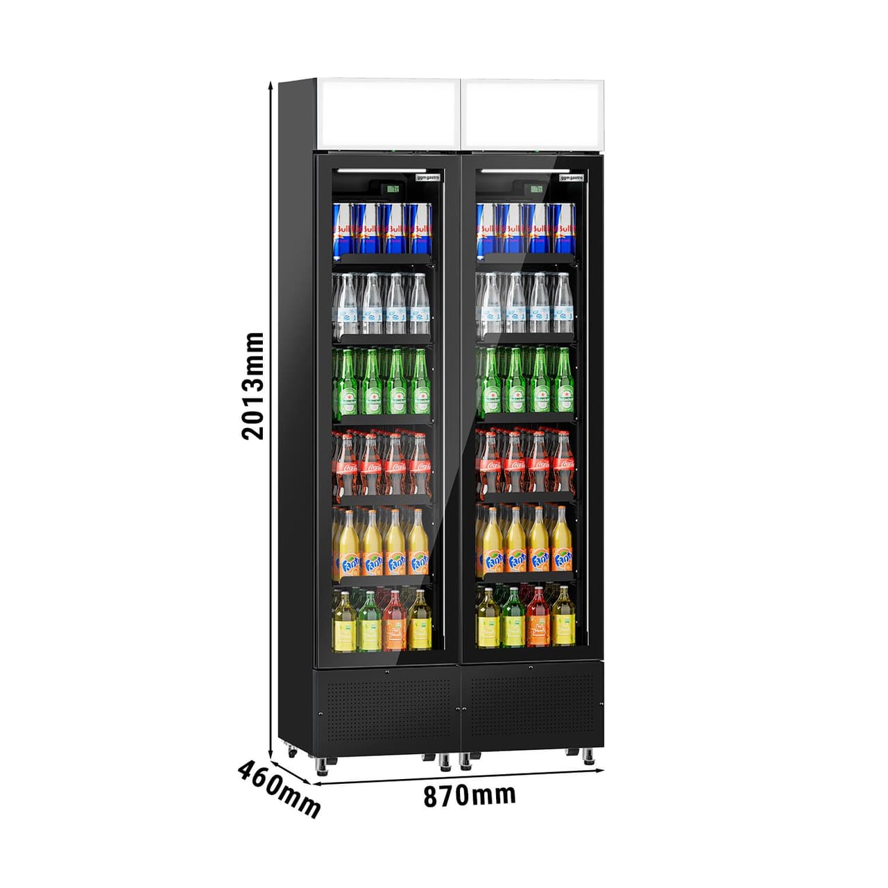 (2 Stück) Getränkekühlschrank - 290 Liter - rahmenloses Design - mit 2 Glastüren & Werbedisplay