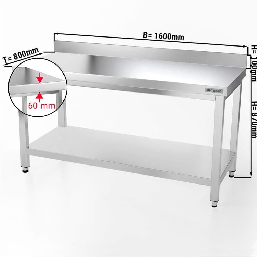 Edelstahl Arbeitstisch PREMIUM - 1600x800mm - mit Grundboden & Aufkantung