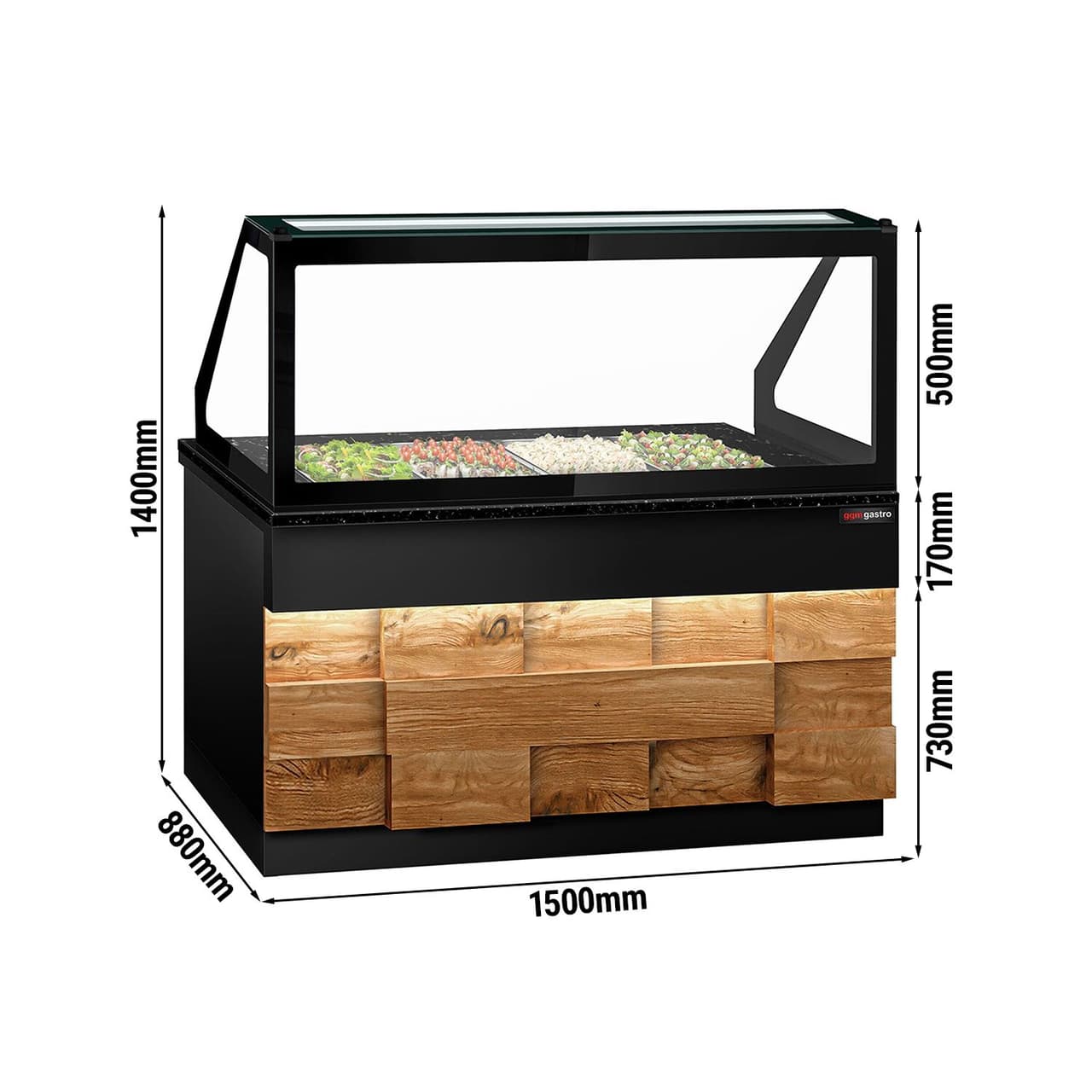 Saladette TORONTO - 1500mm - Holzfront - 2 Türen - für 4x GN 1/1 - schwarze Granit-Arbeitsplatte