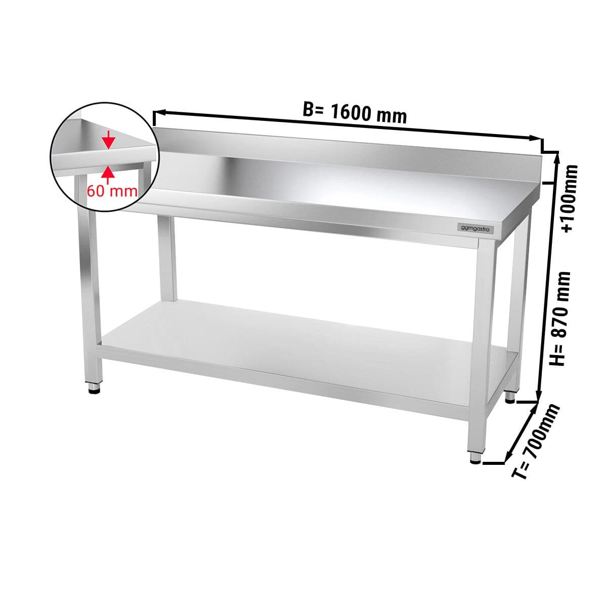 Edelstahl Arbeitstisch PREMIUM - 1600x700mm - mit Grundboden & Aufkantung