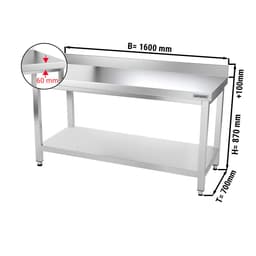 Edelstahl Arbeitstisch PREMIUM - 1600x700mm - mit Grundboden & Aufkantung