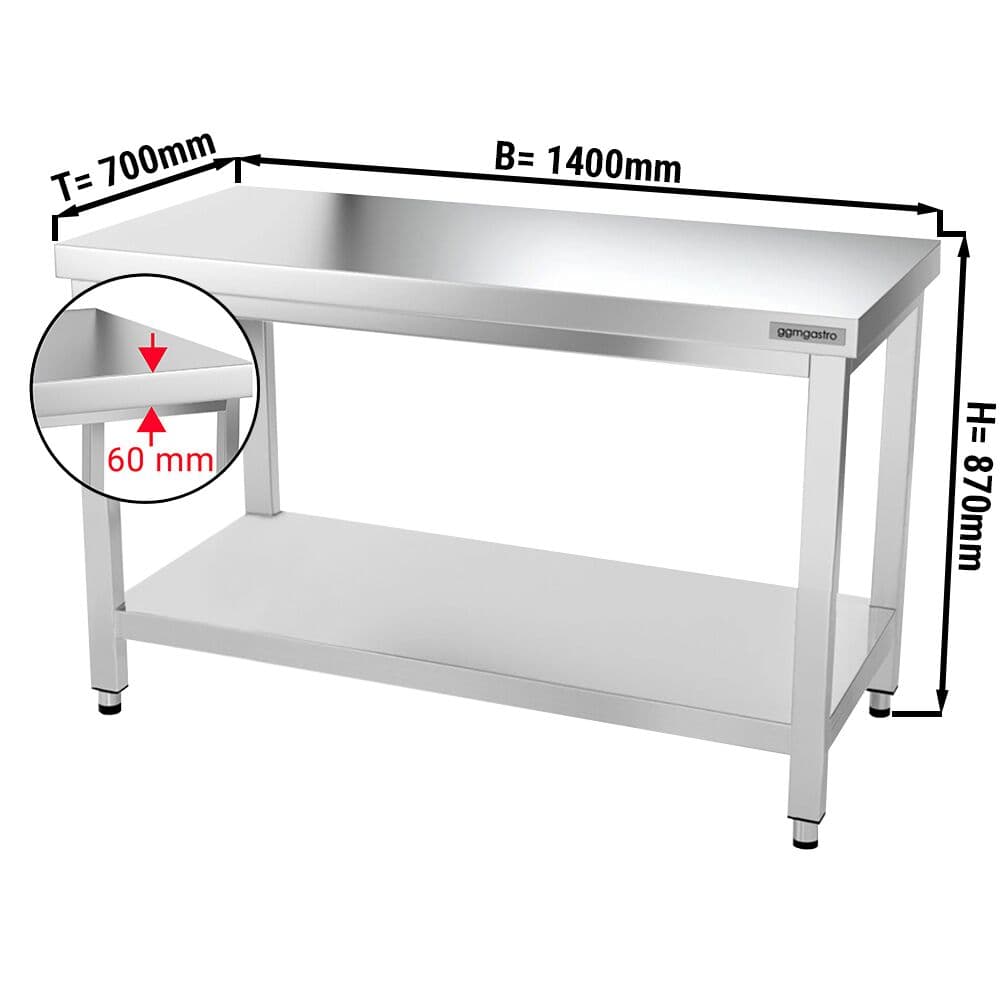 Edelstahl Arbeitstisch PREMIUM - 1400x700mm - mit Grundboden ohne Aufkantung