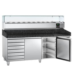 Pizzakühltisch PREMIUM - 2000x800mm - mit 2 Türen & 7 Schubladen - inkl. Kühlaufsatzvitrine - 10x GN 1/4