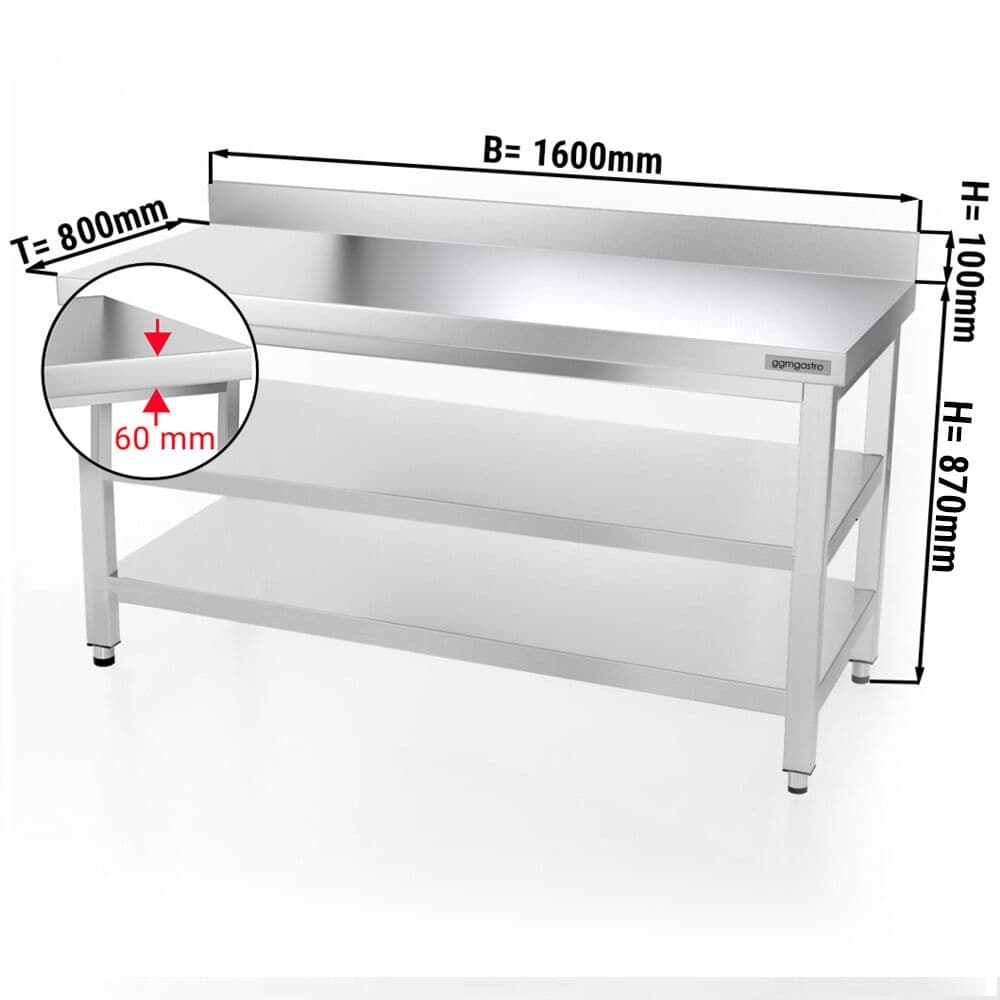 Edelstahl Arbeitstisch PREMIUM - 1600x800mm - mit Grundboden, Aufkantung & Zwischenboden