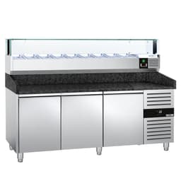 Pizzakühltisch PREMIUM - 2000x800mm - mit 3 Türen - inkl. Kühlaufsatzvitrine LED - 9x GN 1/3