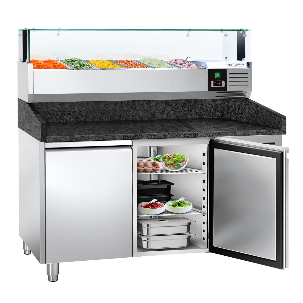 Pizzakühltisch PREMIUM - 1500x800mm - mit 2 Türen - inkl. Kühlaufsatzvitrine LED - 5x GN 1/3 + 1x GN 1/2