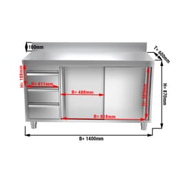 Edelstahl Arbeitsschrank PREMIUM - 1400x600mm - mit 3 Schubladen links & Aufkantung