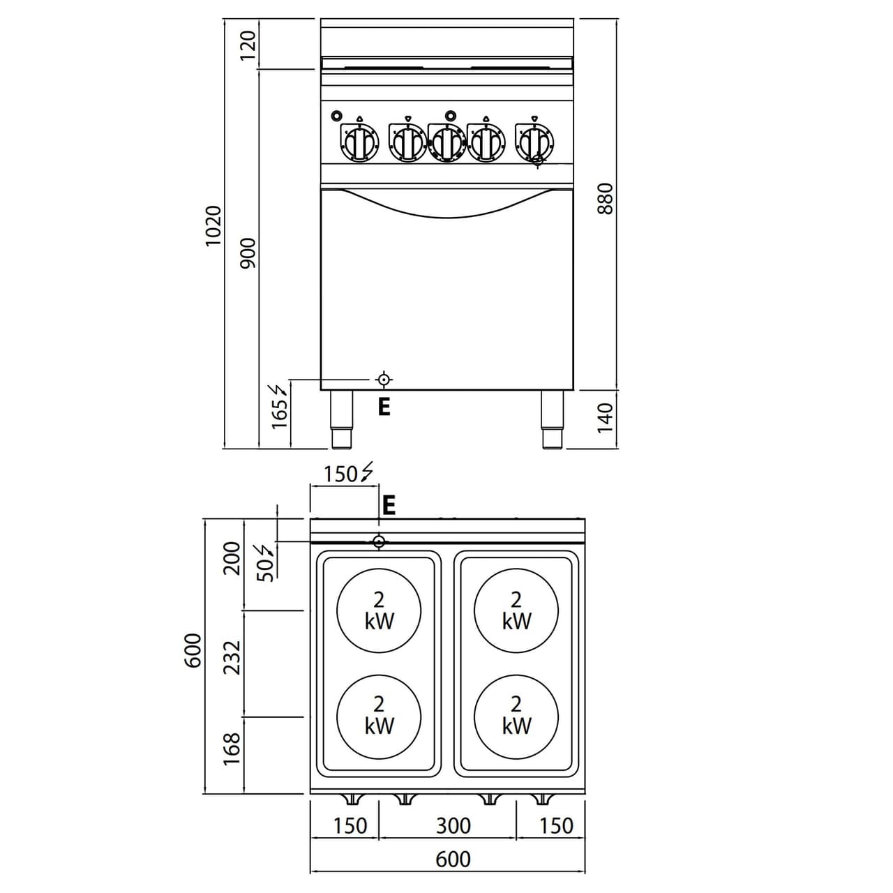 Elektroherd - 8 kW - 4 Platten Rund - inkl. Elektrobackofen Umluft - 3 kW