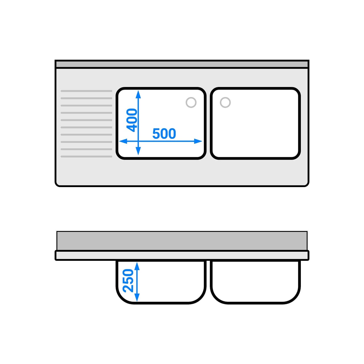 Spülschrank - 1400x700mm - mit 3 Schubladen & 2 Becken rechts