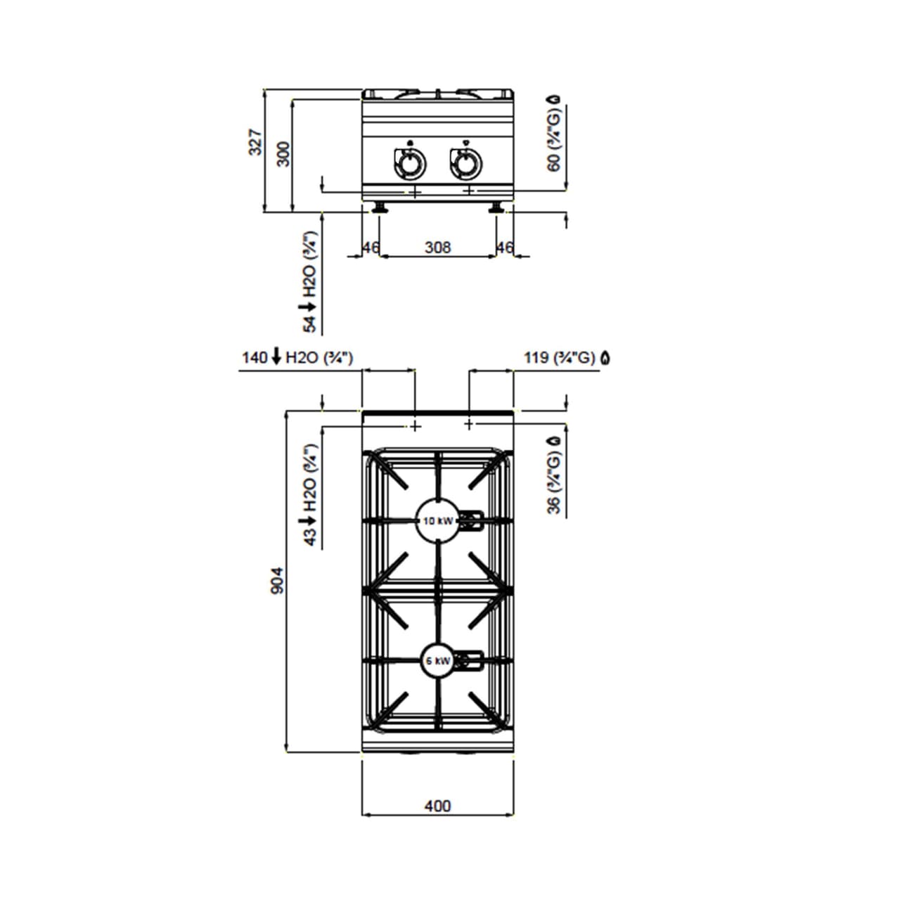 Gasherd - mit 2 Brennern - 16 kW