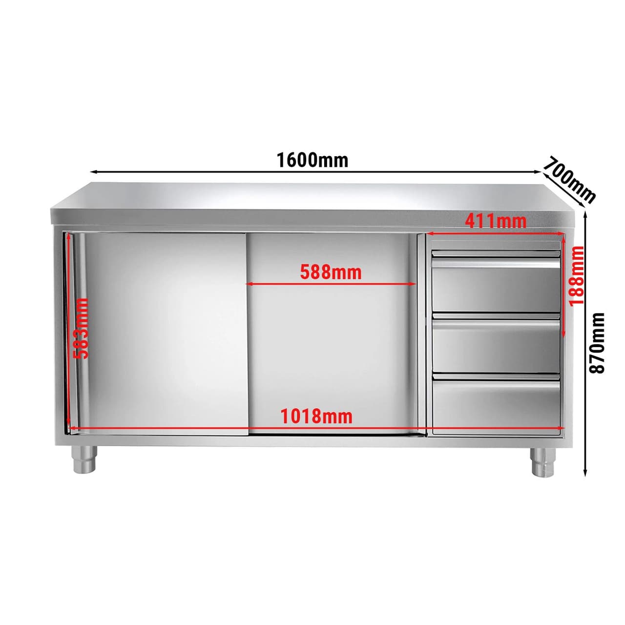 Edelstahl Arbeitsschrank PREMIUM - 1600x700mm - mit 3 Schubladen rechts ohne Aufkantung