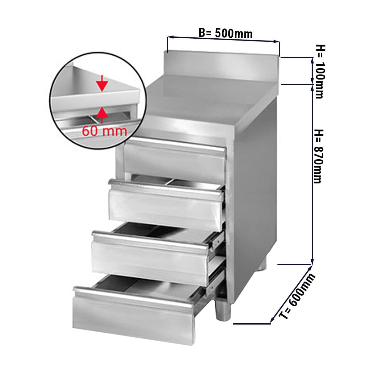 Schubladenschrank PREMIUM mit 4 Schubladen & Aufkantung - 500x600mm