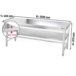 Edelstahl Arbeitstisch PREMIUM - 2000x600mm - mit Grundboden & Verstrebung