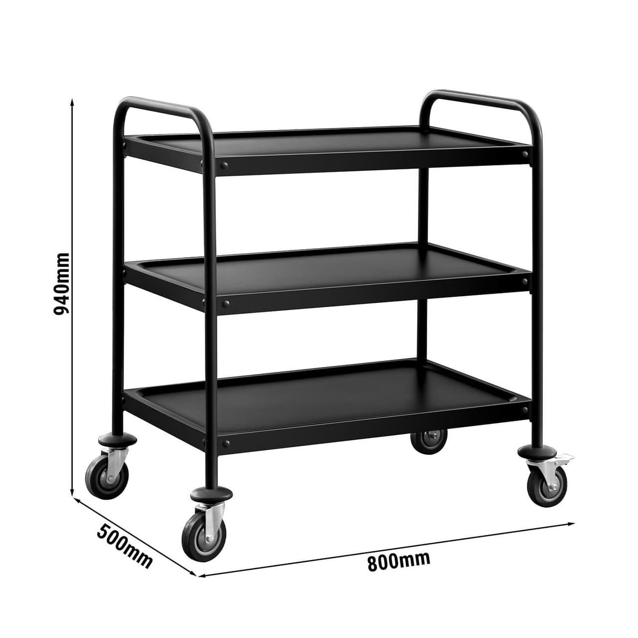 Servierwagen - 800x500mm - mit 3 Abstellflächen - Schwarz