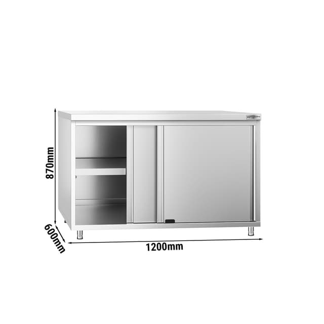 Edelstahl Arbeitsschrank PREMIUM - 1200x600mm - mit Schiebetür ohne Aufkantung