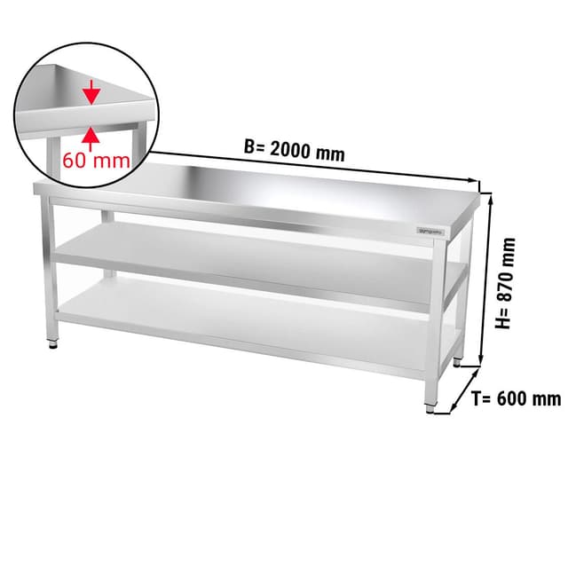 Edelstahl Arbeitstisch PREMIUM - 2000x600mm - mit Grundboden & Zwischenboden