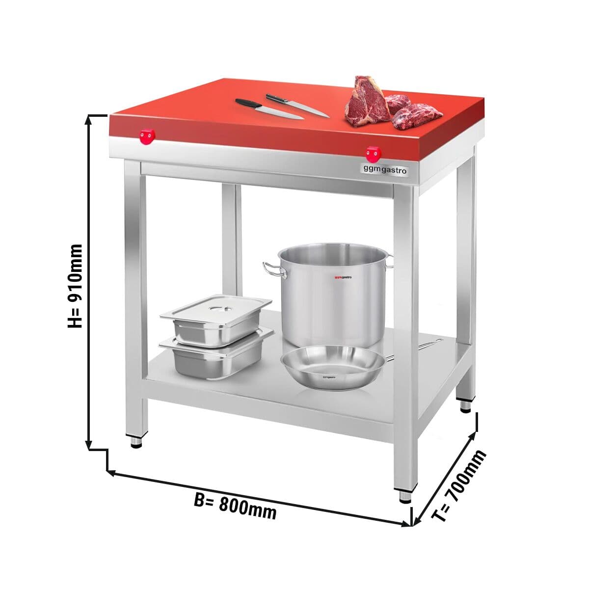 Edelstahl Arbeitstisch PREMIUM - 800x700mm - mit Grundboden ohne Aufkantung inkl. Schneideplatte