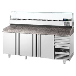 Pizzakühltisch PREMIUM - 2150x800mm - mit 3 Türen & 3 Schubladen - inkl. Kühlaufsatzvitrine - 10x GN 1/3