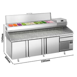 Pizzakühltisch Premium PLUS - 2305x800mm - mit 3 Türen - inkl. Kühlaufsatzvitrine - 11x GN 1/4