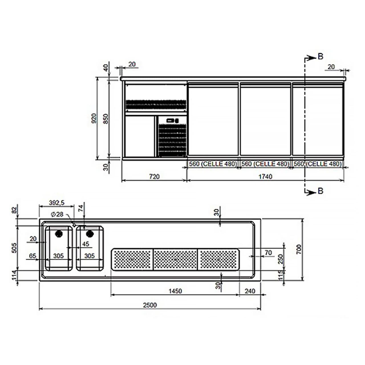 Biertheke Premium PLUS - 2500x700mm - 3 Türen