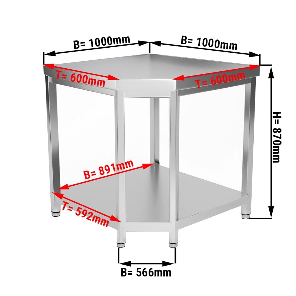 Edelstahl Eckarbeitstisch PREMIUM - 1000x600mm - mit Grundboden ohne Aufkantung