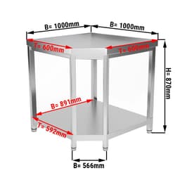 Edelstahl Eckarbeitstisch PREMIUM - 1000x600mm - mit Grundboden ohne Aufkantung