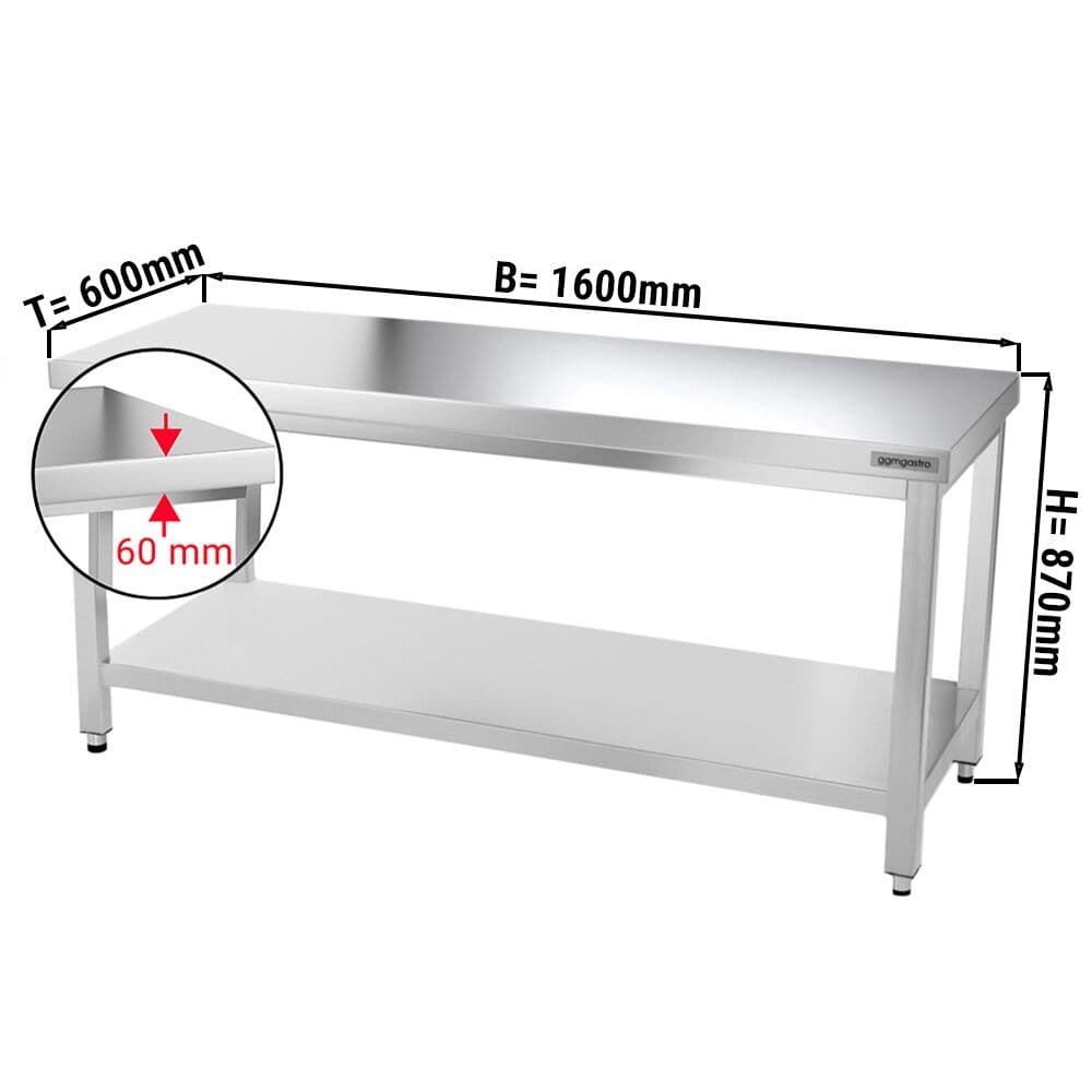 Edelstahl Arbeitstisch PREMIUM - 1600x600mm - mit Grundboden ohne Aufkantung