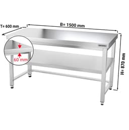 Edelstahl Arbeitstisch PREMIUM - 1500x600mm - mit Grundboden & Verstrebung