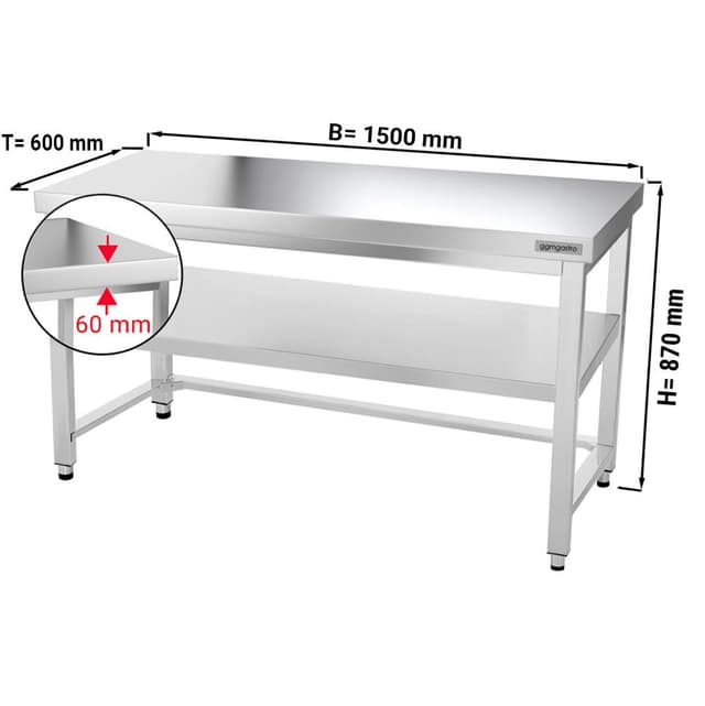 Edelstahl Arbeitstisch PREMIUM - 1500x600mm - mit Grundboden & Verstrebung