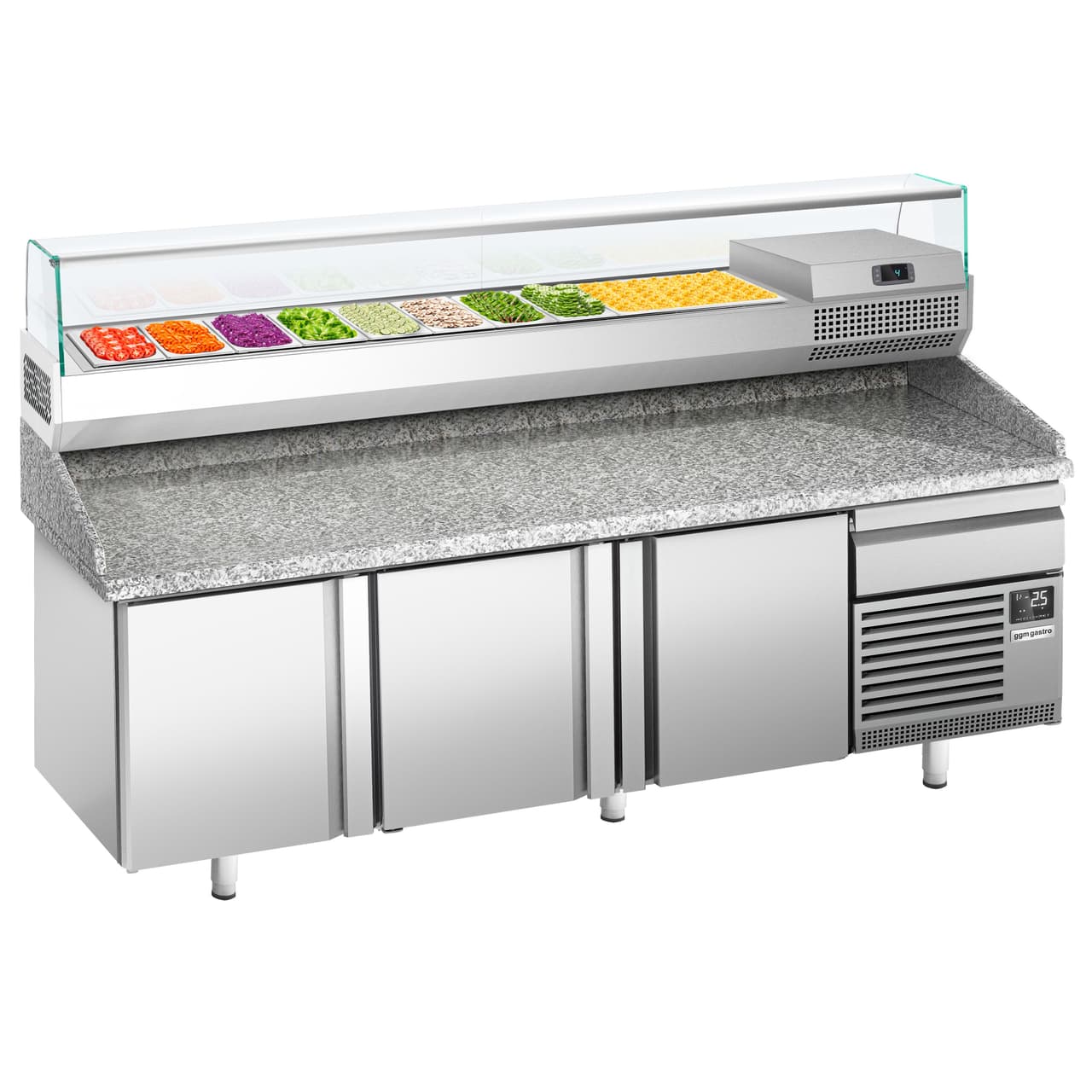 Pizzakühltisch Premium PLUS - 2305x800mm - mit 3 Türen - inkl. Kühlaufsatzvitrine - 10x GN 1/3