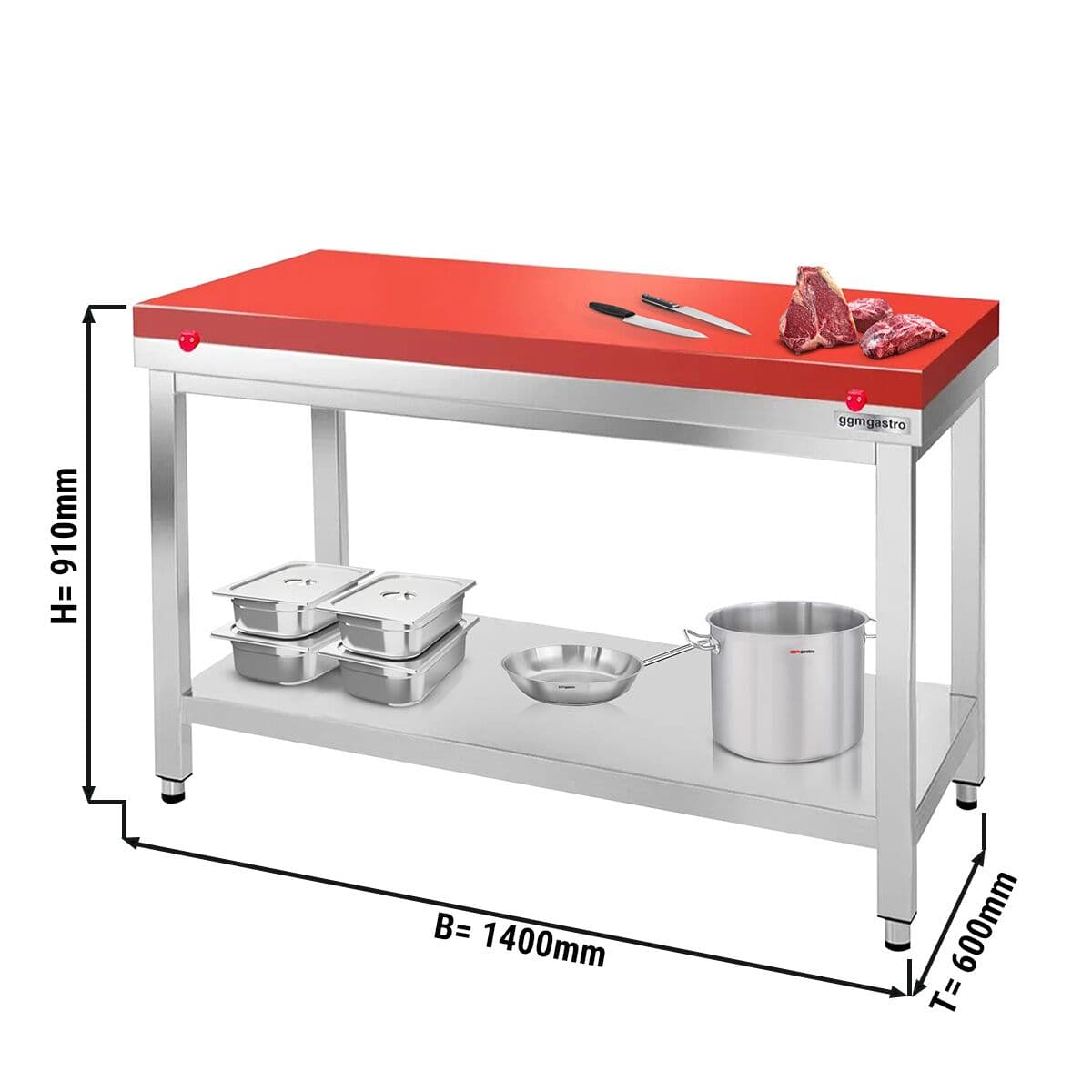 Edelstahl Arbeitstisch PREMIUM - 1400x600mm - mit Grundboden ohne Aufkantung inkl. Schneideplatte