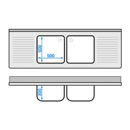 Spültisch PREMIUM - 2000x700mm - mit Grundboden & 2 Becken mittig