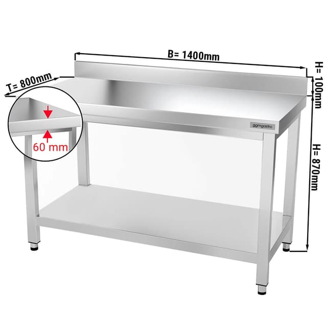 Edelstahl Arbeitstisch PREMIUM - 1400x800mm - mit Grundboden & Aufkantung