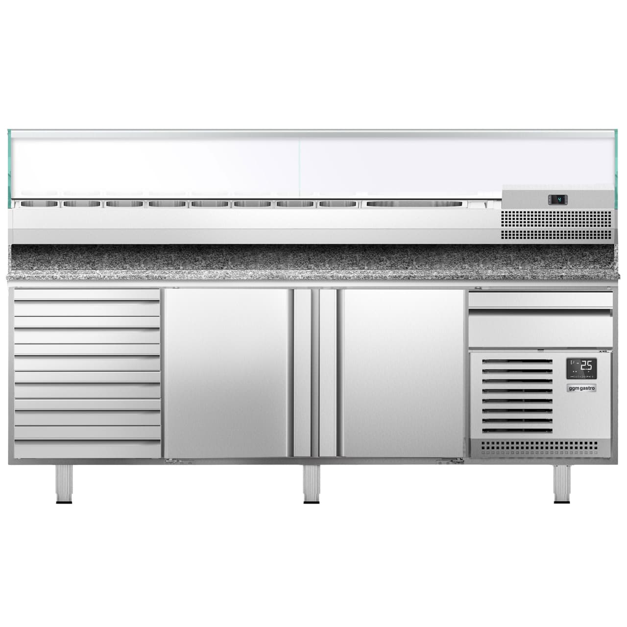 Pizzakühltisch Premium PLUS - 2305x800mm - mit 2 Türen & 6 Schubladen - inkl. Kühlaufsatzvitrine - 10x GN 1/3